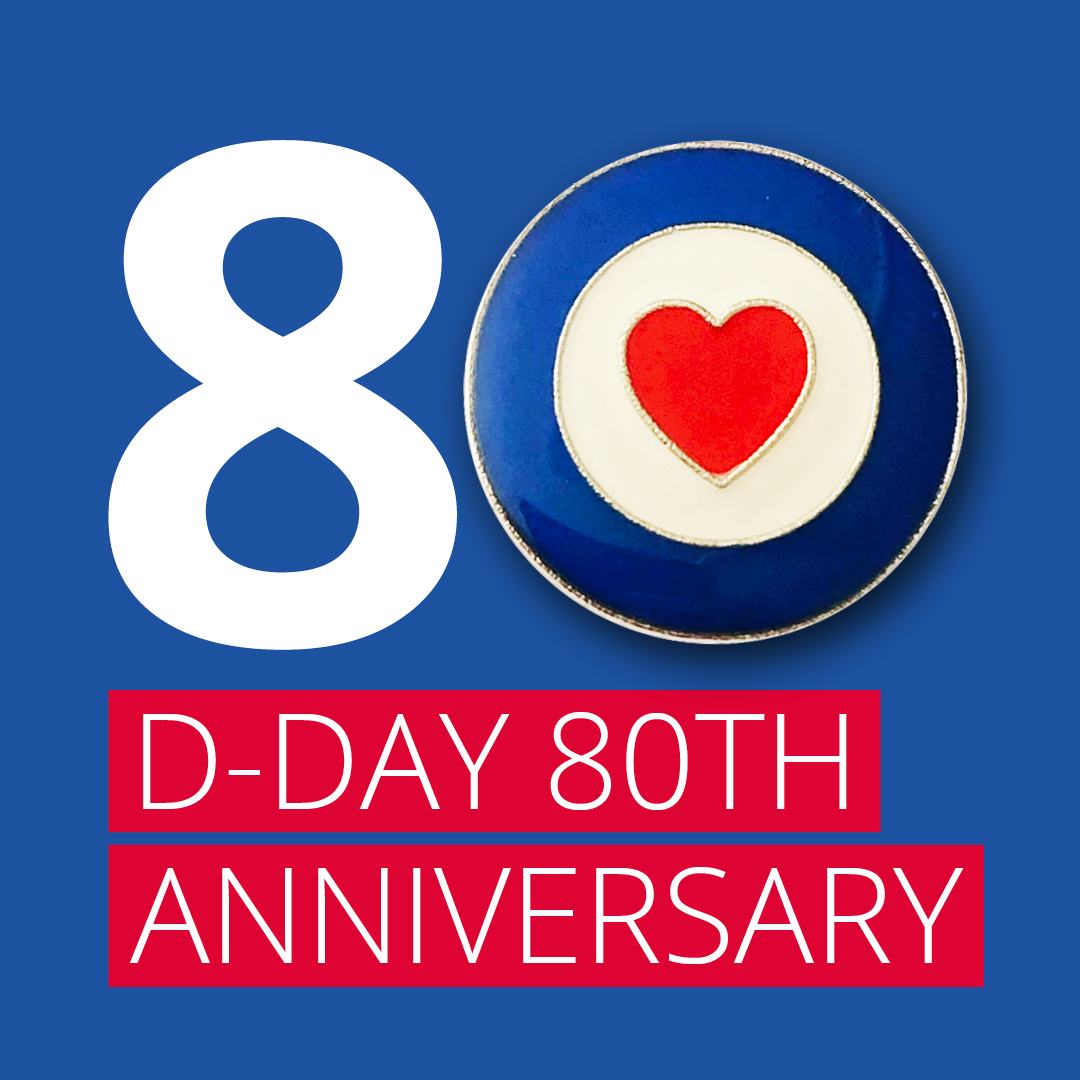 D-Day 80th anniversary social graphic: the figure 80 formed with an enamel RAF roundel pin whose centre is a red heart