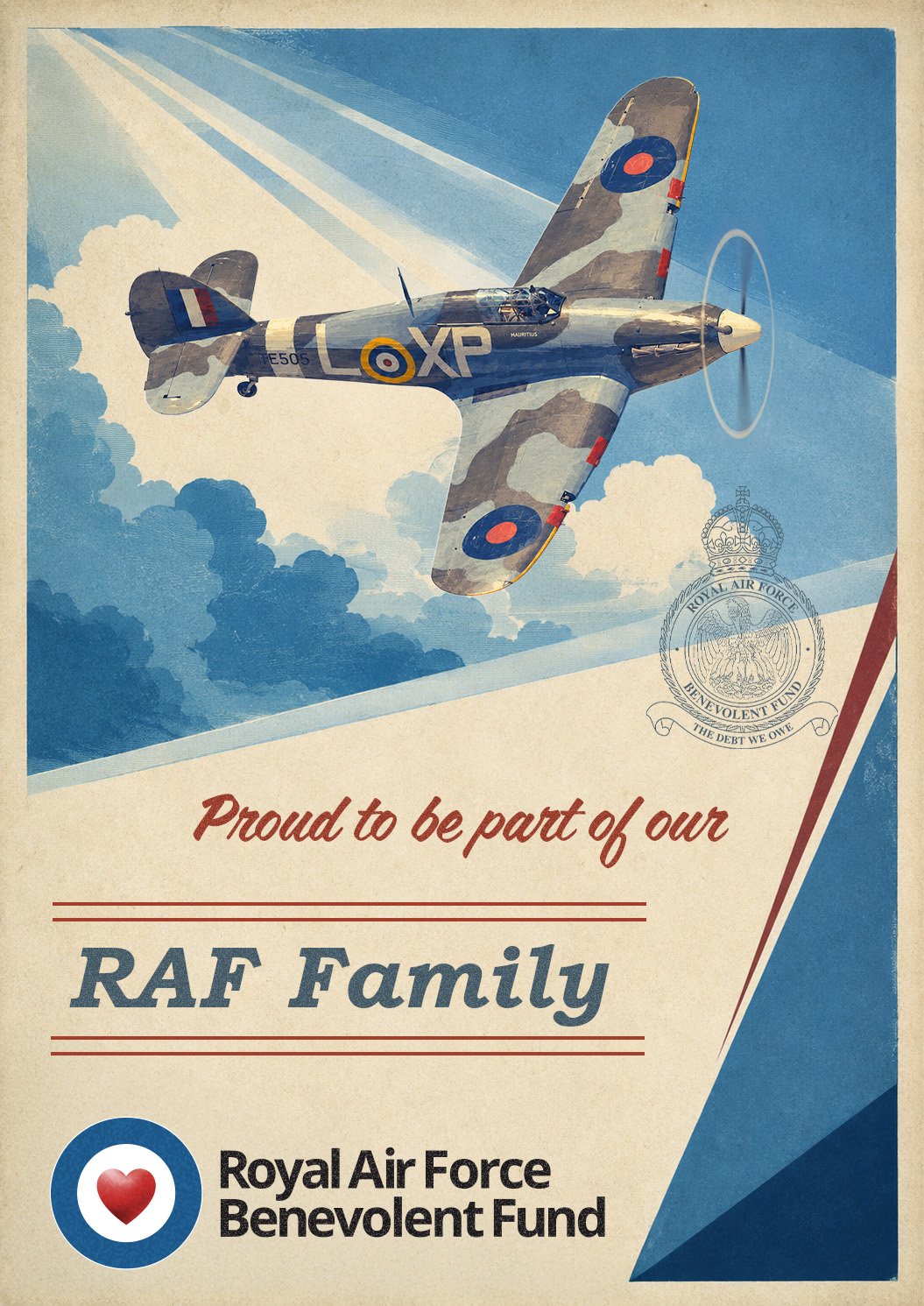 Wartime-style poster of a Spitfire climbing through searchlights, captioned Proud to be part of our RAF Family