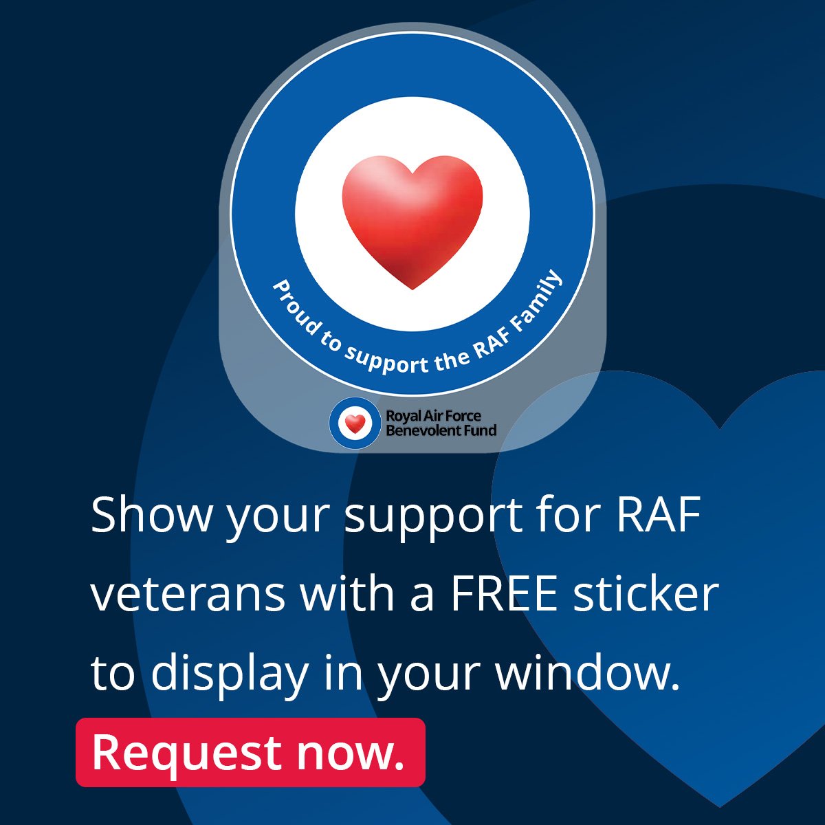 Meta ad: the roundel-and-heart window sticker on a deep blue field, over the line Show your support for RAF veterans with a FREE sticker to display in your window