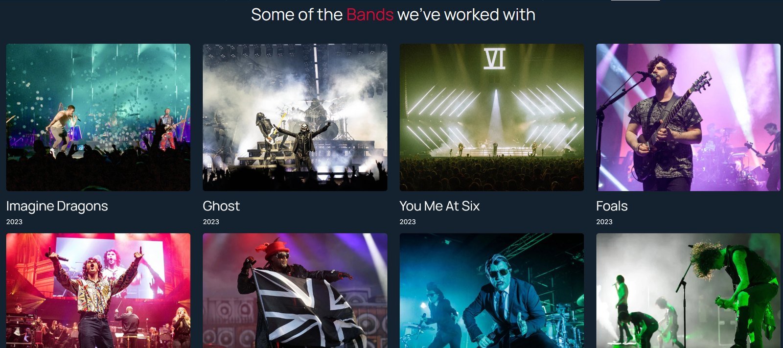 A grid of live music credits including Imagine Dragons, Ghost, You Me At Six and Foals, each with a performance photograph