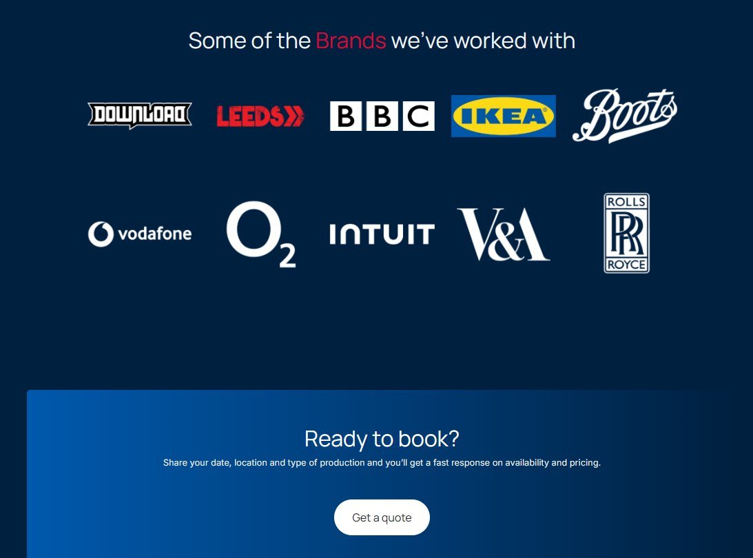 A wall of brand logos including BBC, IKEA, Boots, Vodafone, O2, Intuit, V&A and Rolls-Royce, above a Ready to book panel