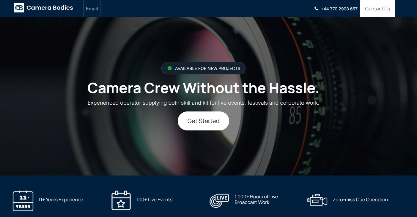 Camera Bodies home page: a cinema lens close-up behind the line Camera Crew Without the Hassle, over a bar of experience figures