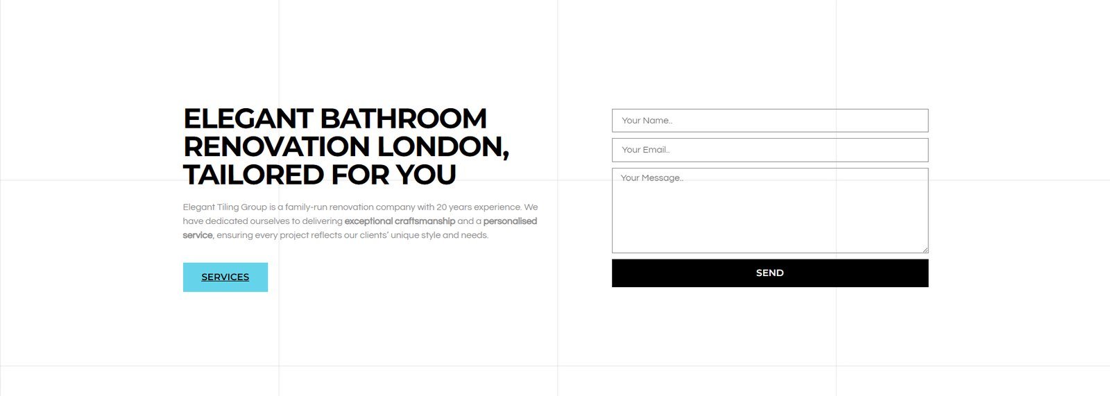 Contact section headed Elegant Bathroom Renovation London, Tailored For You, beside a short name, email and message form