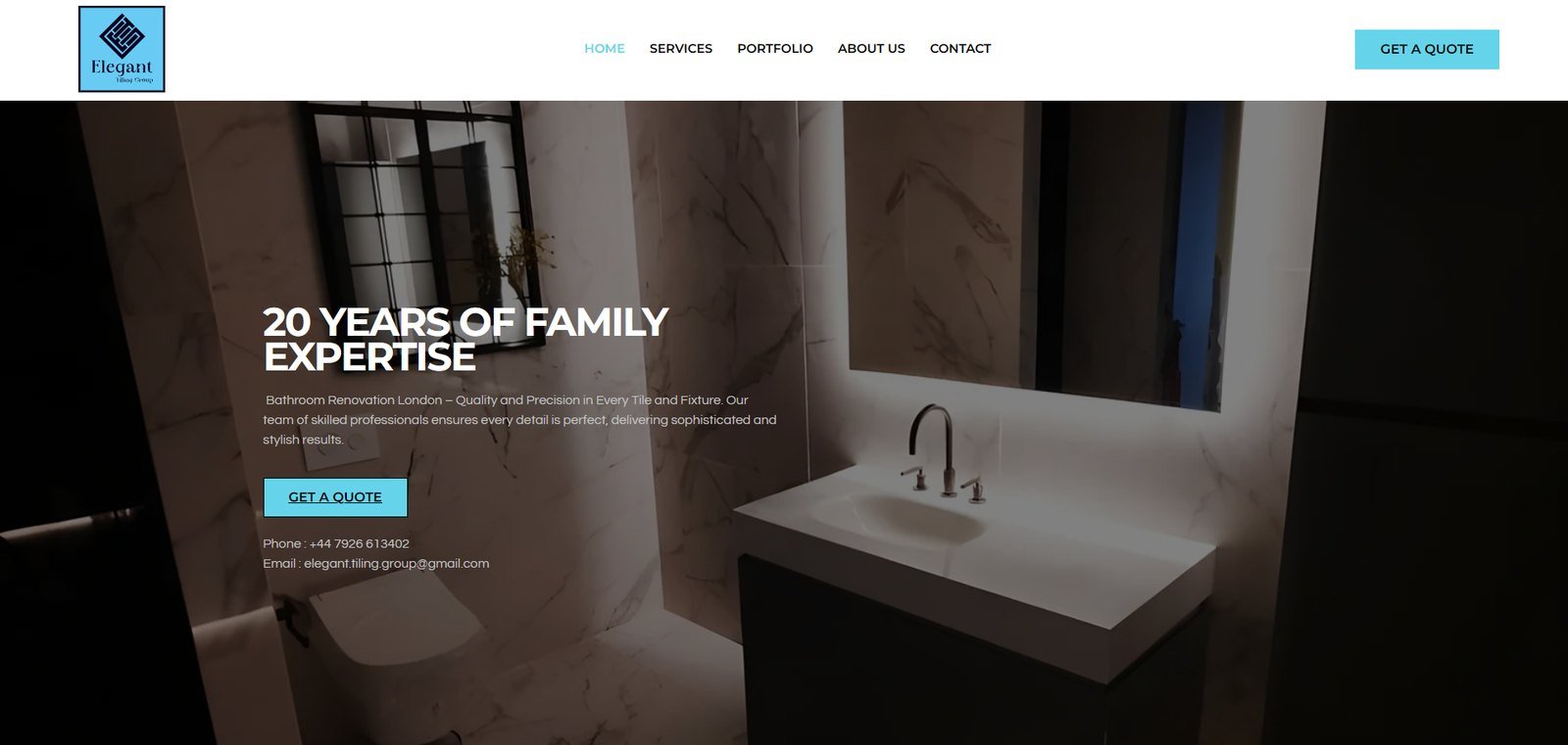 Elegant Tiling Group home page: a finished marble bathroom behind the line 20 Years of Family Expertise and a quote button
