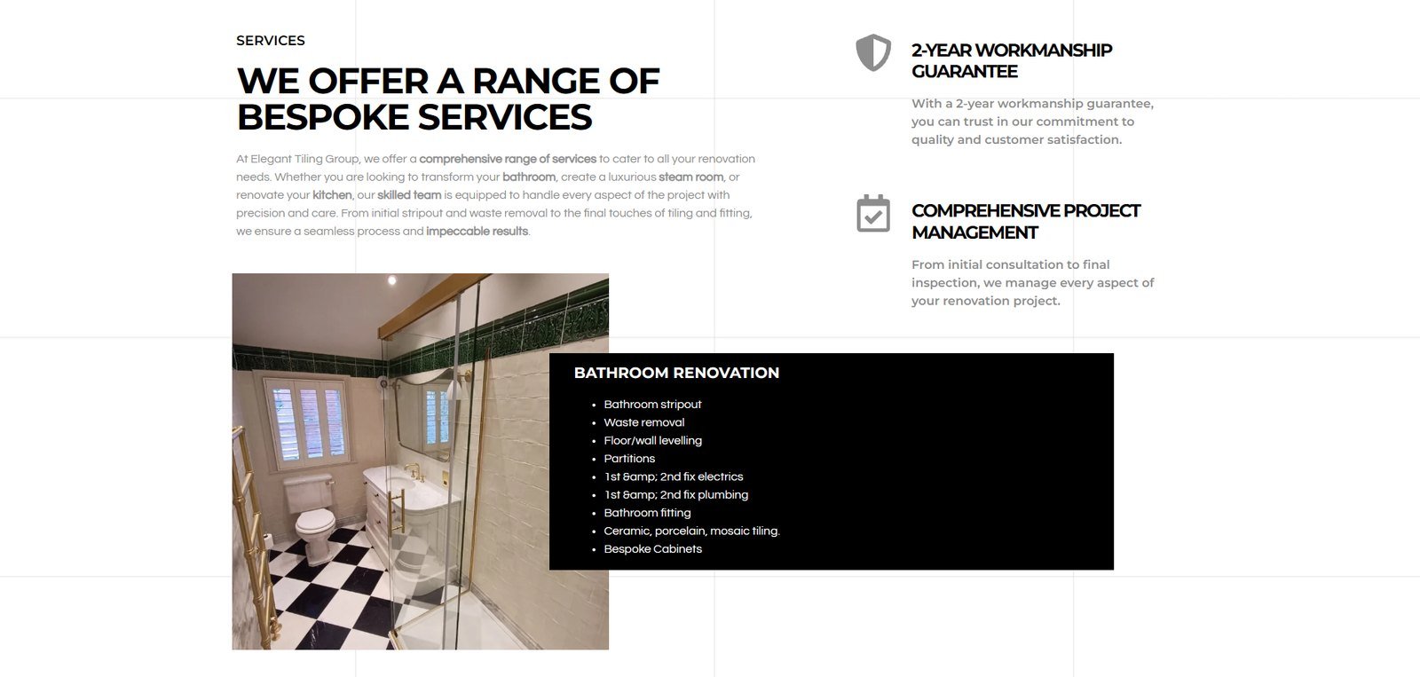 Services page listing the bespoke range beside an itemised bathroom renovation scope and a two-year workmanship guarantee