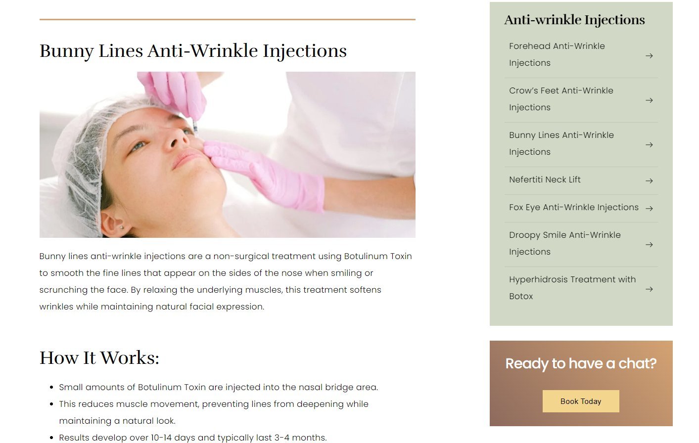 A single treatment page for Bunny Lines Anti-Wrinkle Injections, explaining the procedure step by step with the treatment menu alongside