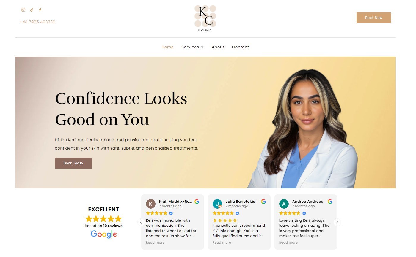 K-Clinic home page: the practitioner photographed in clinic under the line Confidence Looks Good on You, above a row of Google reviews