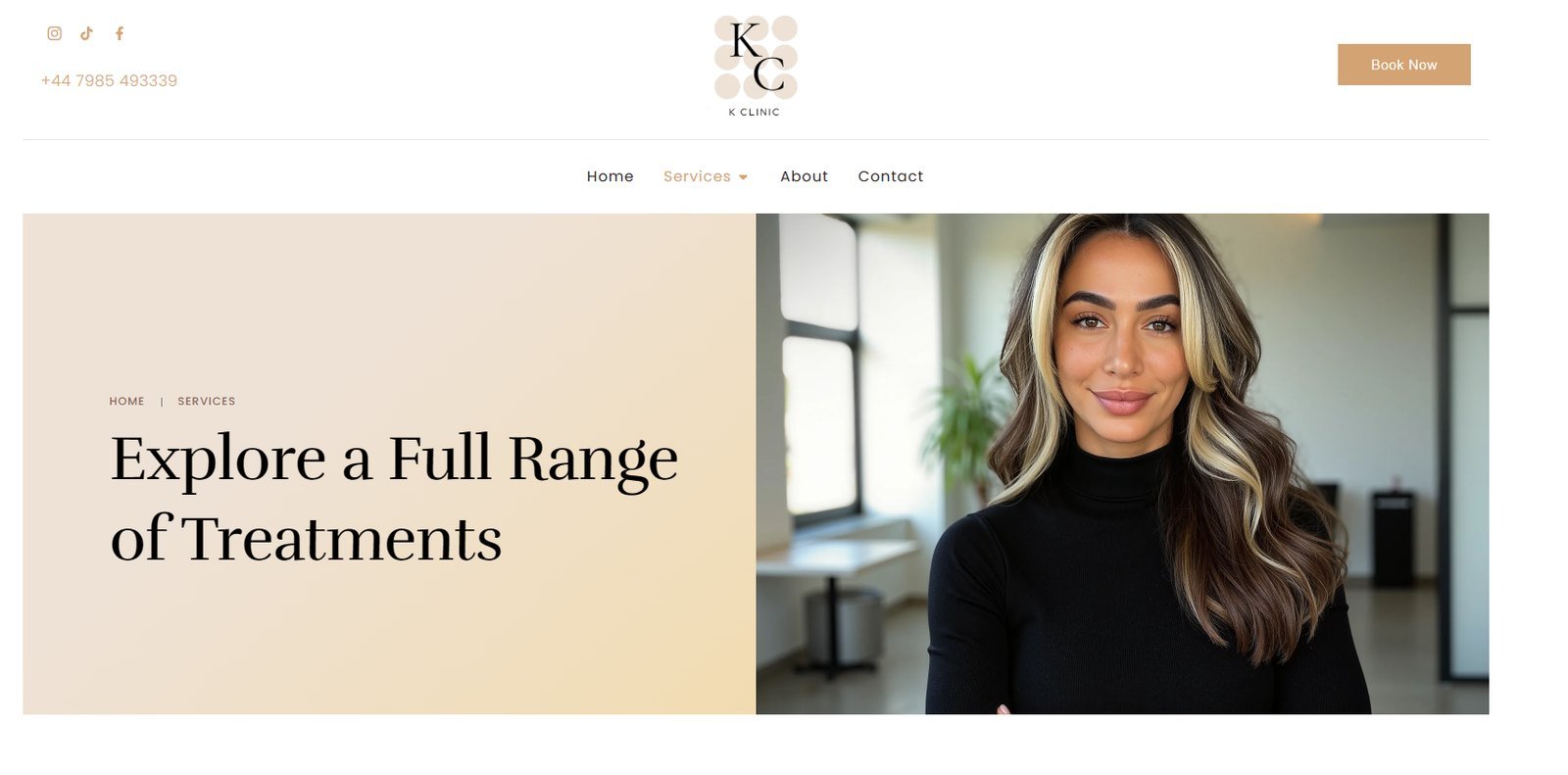 Services landing page headed Explore a Full Range of Treatments, beside a portrait of the practitioner