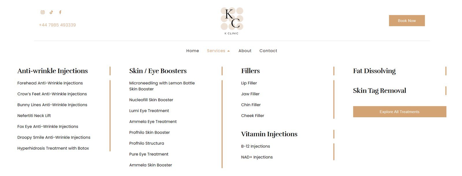 An expanded treatments menu laying out anti-wrinkle injections, skin and eye boosters, fillers, vitamin injections and removals in four columns