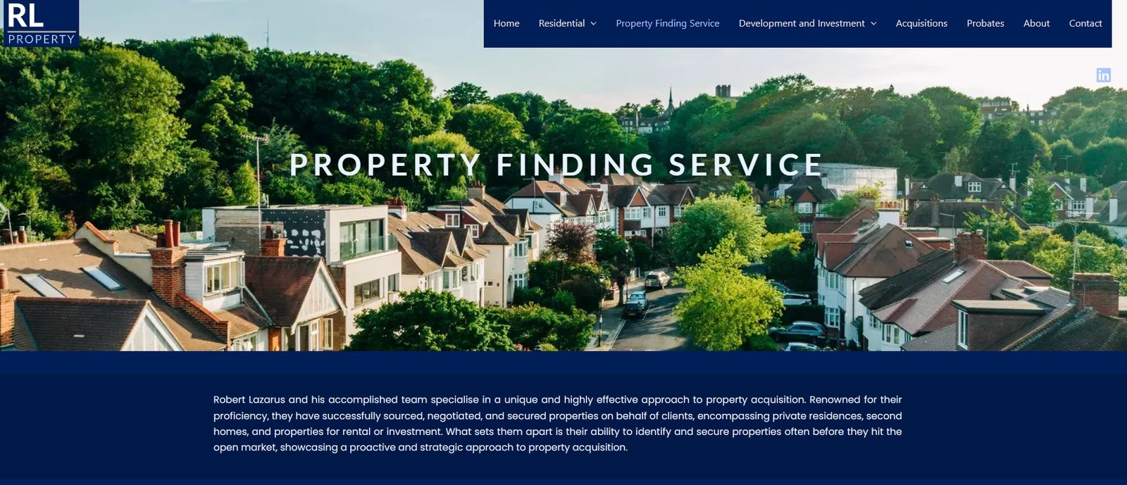 Property Finding Service page headed over a rooftop view of a residential street, with an explanation of the off-market approach
