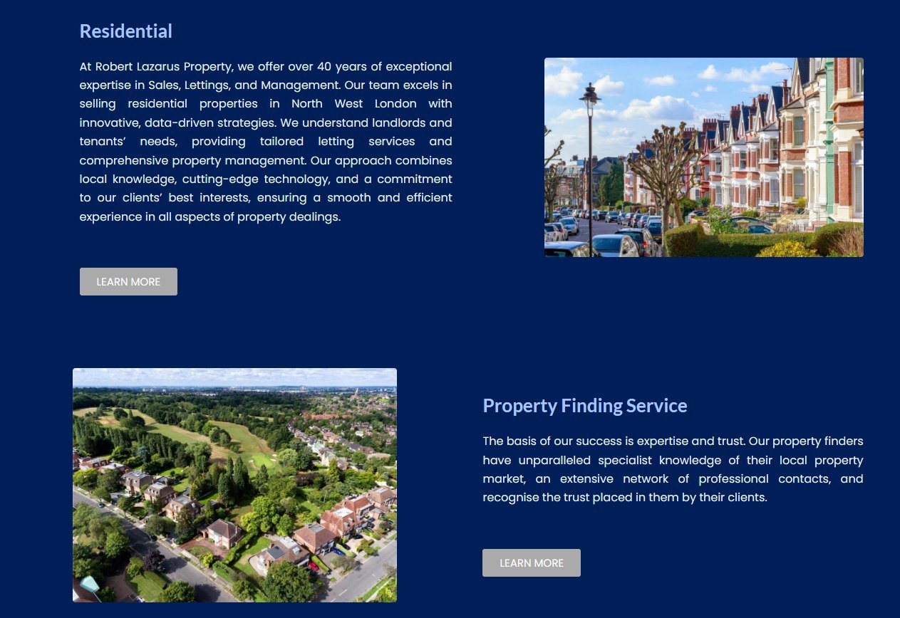Two service sections, Residential and Property Finding Service, each pairing copy with a photograph of London housing