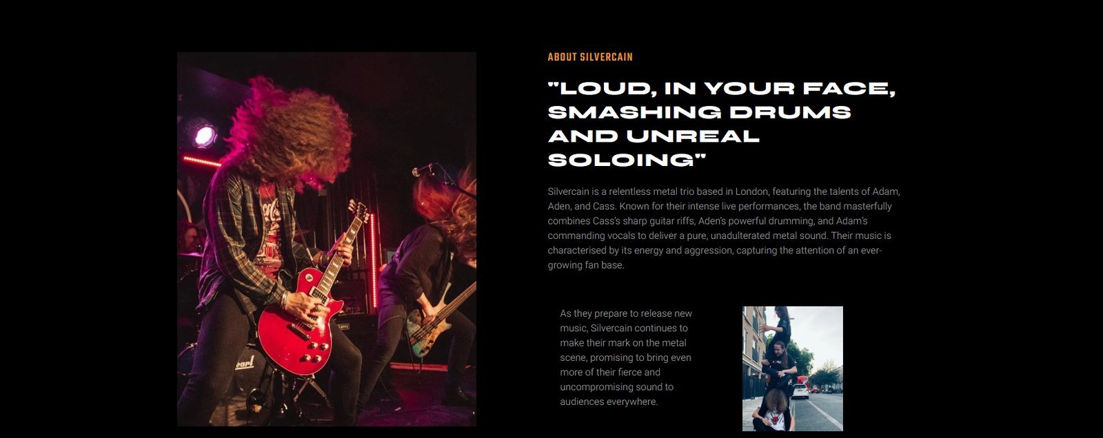 About page quoting the band: Loud, in your face, smashing drums and unreal soloing, beside a live performance photograph