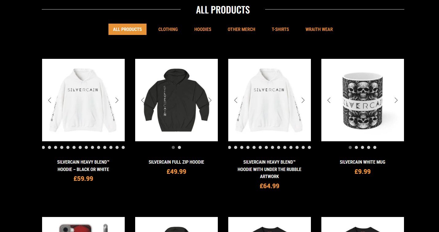 Merchandise store listing hoodies, t-shirts and a mug in Silvercain artwork, filtered by category with prices